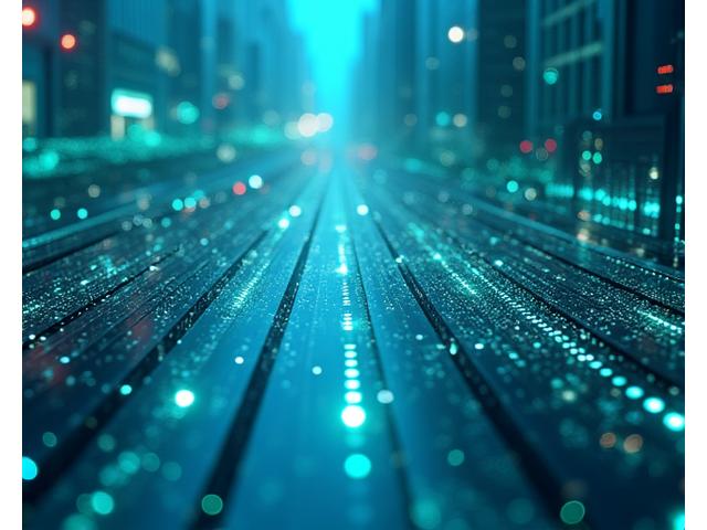 青い光のグラデーションの中、データが流れるように描かれた都市のモビリティネットワークの抽象的な表現。